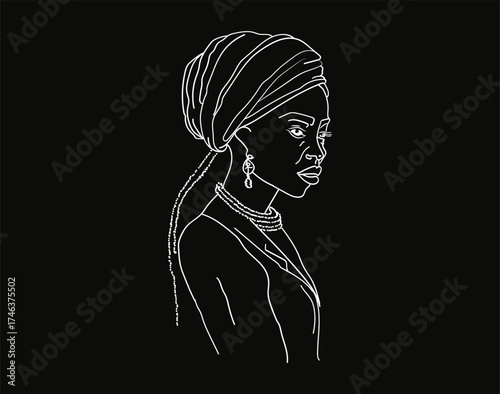 Minimal profile line art of African woman with earrings and headwrap on black background.