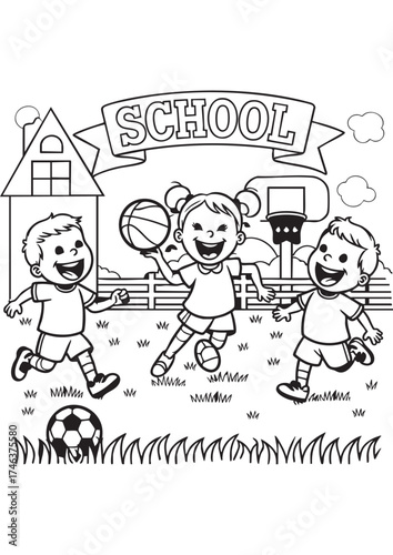 Cartoon children playing sports in schoolyard with soccer and basketball in black and white line art