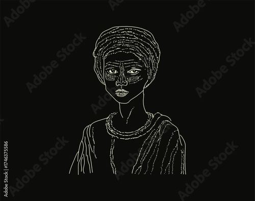 Elegant minimalist line art portrait of African woman in headwrap on black background, modern vector illustration.