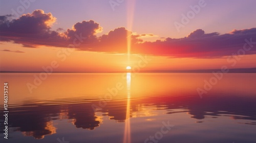  a beautiful sunset over the ocean with the sun setting in the background, casting a warm orange glow over the water and reflecting off the surface The sky is fille