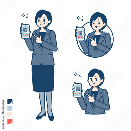 ビジネスミドル女性がスマートフォンでキャッシュレス決済しているイラスト