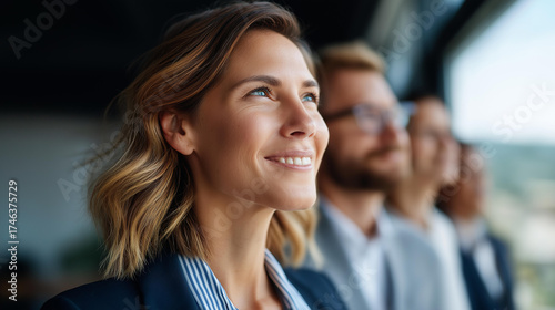 Wallpaper Mural Gender balanced professional team standing in line torsos framed skyline windows defocused behind inclusive team corporate portrait faceless background defocused employer bra Torontodigital.ca