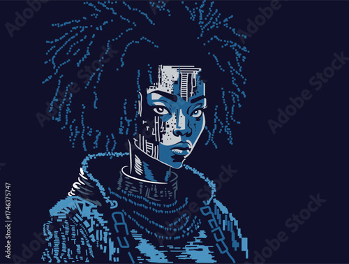 Futuristic afro woman with neon circuits, blue cyberpunk glow and digital grid, sci-fi vector art.