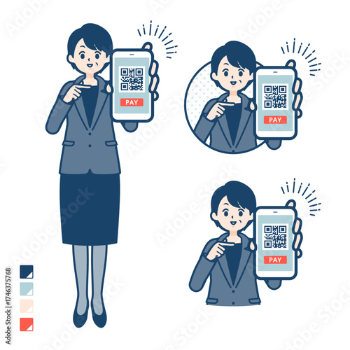 ビジネスミドル女性がスマートフォンでキャッシュレス決済しているイラスト