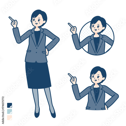 ビジネスミドル女性が指差して解説しているイラスト