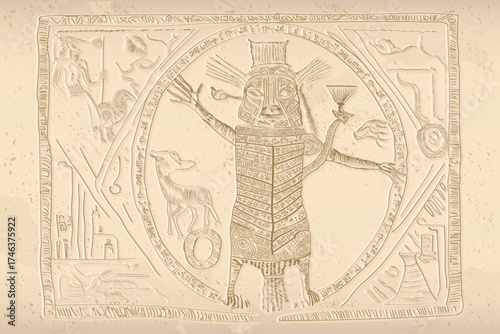 Detailed ancient Sumerian vector illustration in vintage style, historical and artistic.