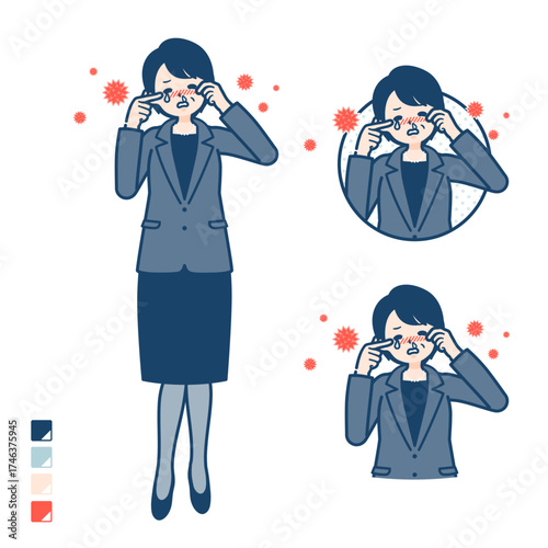 ビジネスミドル女性が花粉アレルギーに苦しんでいるイラスト