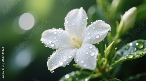  a white jasmine flower with water droplets on it, surrounded by lush green leaves and buds The background is slightly blurred, giving the flower a soft and dreamy