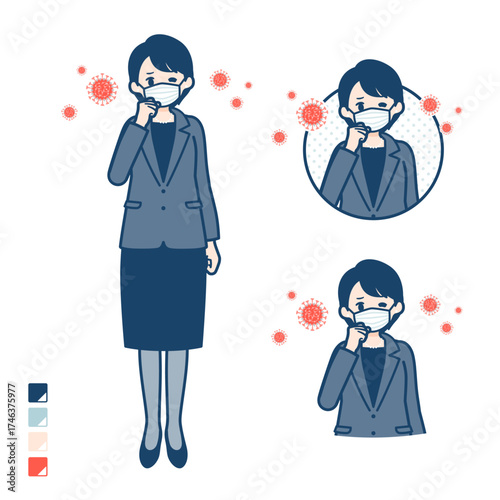 ビジネスミドル女性がマスクをつけてせきこんでいるイラスト