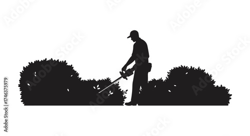 Silhouette of a gardener trimming lush green bushes with a string trimmer or weed whacker