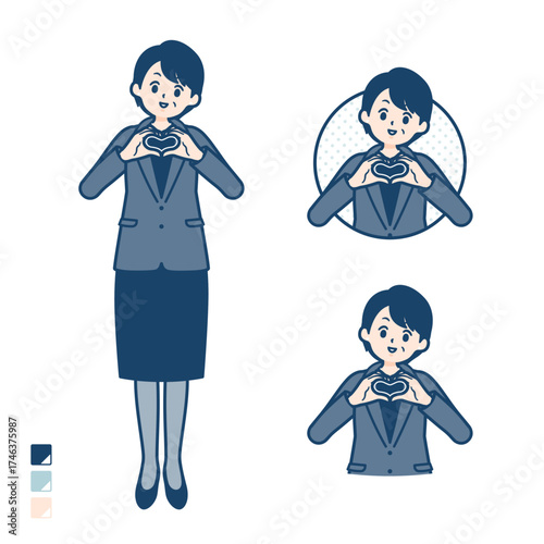 ビジネスミドル女性が手でハートマークを作っているイラスト