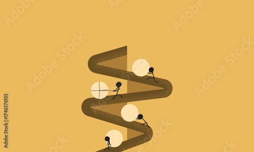 Minimalist Illustration of a Group of People Pushing a Large Ball in Their Own Way. Symbolizes Various Efforts and Means for the Same Goal