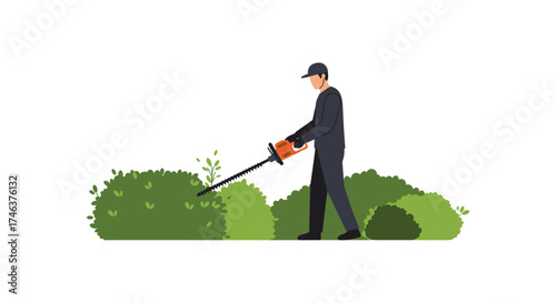 Gardener trimming bushes with hedge trimmer professional landscaping outdoor maintenance lawn care seasonal work