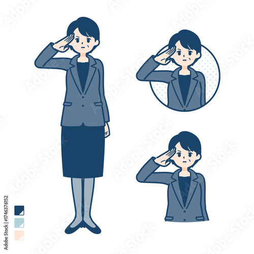 ビジネスミドル女性が敬礼しているイラスト