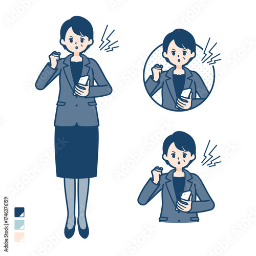 ビジネスミドル女性がスマートフォンを持ち怒っているイラスト