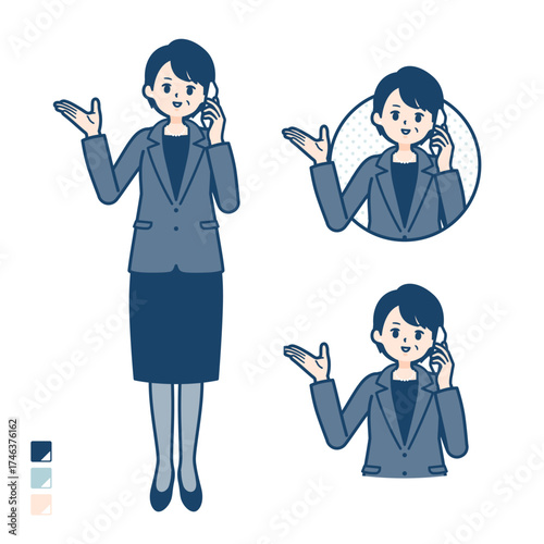 ビジネスミドル女性がスマートフォンで通話しているイラスト