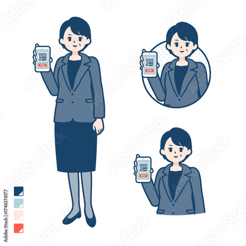 ビジネスミドル女性がスマートフォンでキャッシュレス決済しているイラスト