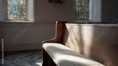 Sunlight dances on empty church pew, evoking Solitude Day ambiance, sacred reflection, and the whisper of stained-glass memories