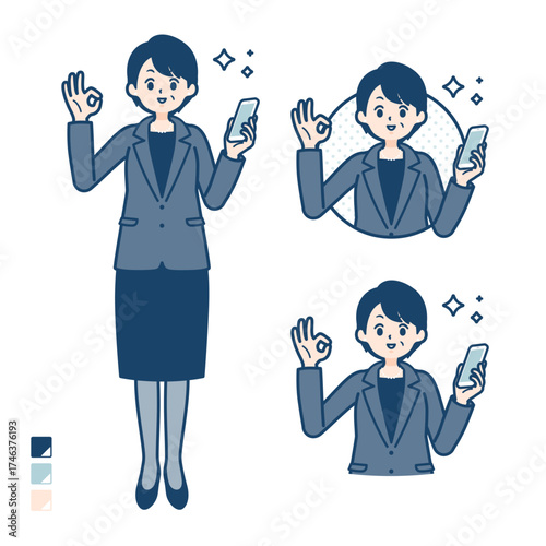 ビジネスミドル女性がスマートフォンを持ちOKサインをしているイラスト