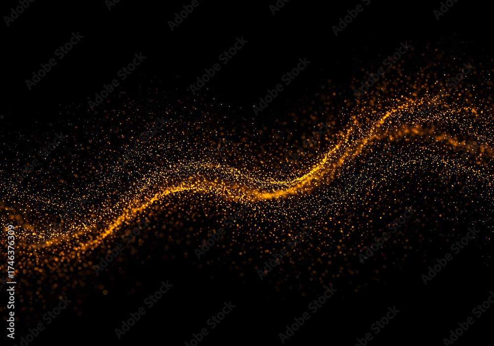 Fototapeta premium Golden Particles Flowing on Black Abstract Wave of Light