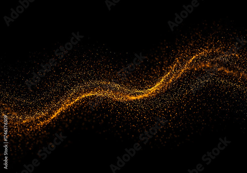 Golden Particles Flowing on Black Abstract Wave of Light