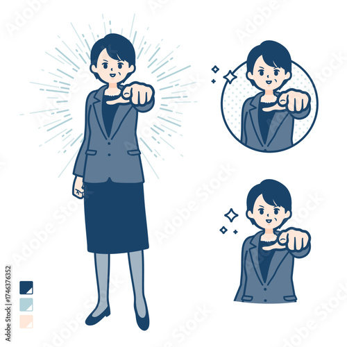 ビジネスミドル女性が正面を指差しているイラスト