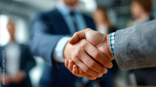Executive director welcoming new employee with handshake near reception desk team watching in soft blur faces not shown onboarding handshake faceless background defocused cor