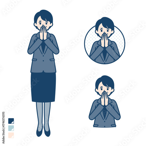 ビジネスミドル女性が驚き不安な様子になっているイラスト