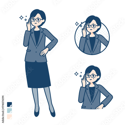 ビジネスミドル女性が眼鏡をクイっとしているイラスト