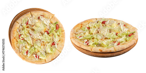 Pizza with Caesar salad on a wooden board isolated on a transparent background