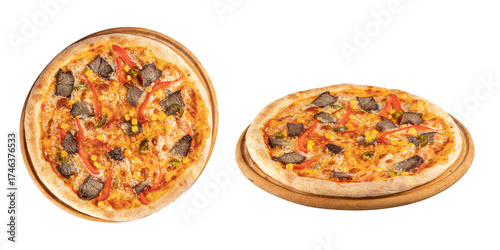 Pizza with pieces of meat and bell pepper, cheese, on a wooden board, isolated on a transparent background
