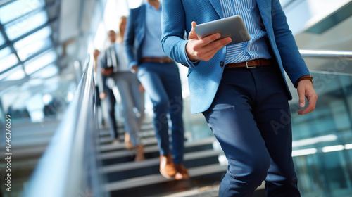 Businesspeople descending stairs with tablets legs and torsos only motion emphasized atrium defocused corporate commute faceless background defocused mobility collaboration