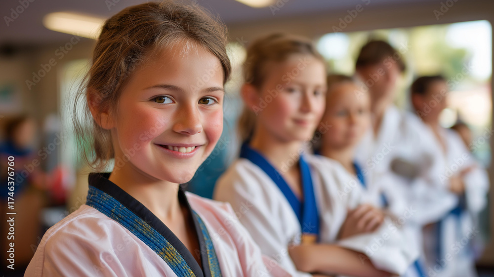 Fototapeta premium Taekwondo girls and boys posing with trainer torsos and belts shown expressions out dojo defocused youth sports martial arts team faceless background defocused discipline