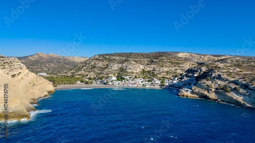 Matala Beach, Crete, Greece, aerial drone view