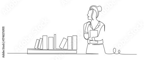 continuous line art of a female student hugging a book with a row of books beside her. concept of a library