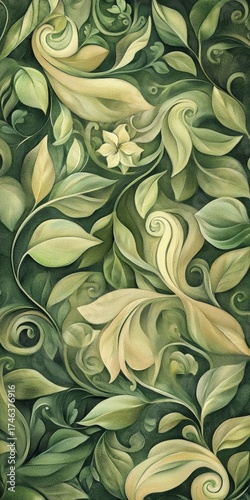 Green leafy patterned piece of art with a flowery design. The leaves are green and the flowers are yellow