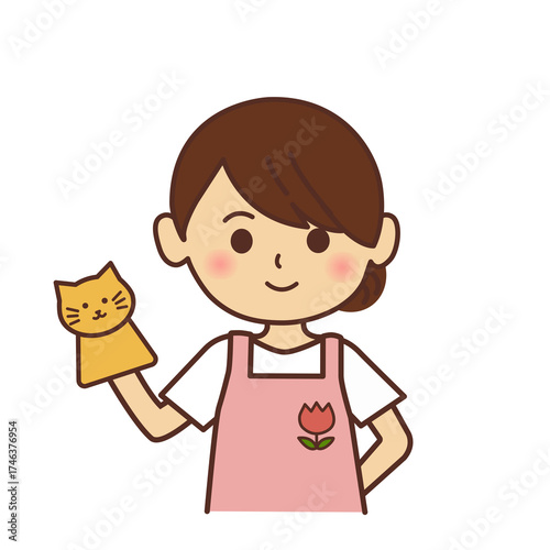 マルとバツを出す保育士のイラスト　エプロンをした女性　,先生,保育園,幼稚園,上半身,シンプル,店員,ショップ,素材,お母さん