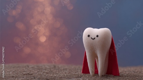 Heroic tooth dons a crimson cape, symbolizing dental triumph and National Tooth Fairy Day festivities, under whimsical bokeh lights