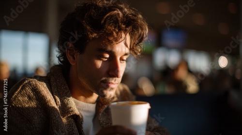 Pensive South Asian male sipping contemplative cafe warmth at dusk, as Diwali's luminescence whispers soulful rhythms inside