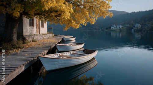 Rustic tranquility in autumnal boat dock reflections, embracing nostalgic yesteryears, perfect for World Rivers Day celebrations