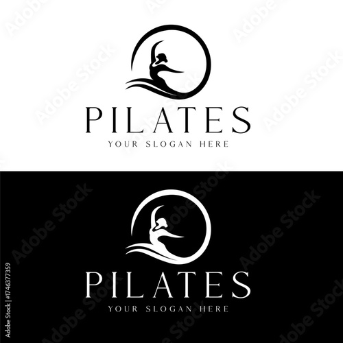 Trainer pilates woman, yoga logo identity design vector