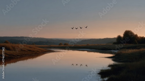 Tranquil river at dawn with silhouetted birds fleet, evoking Samhain tranquility and ancient migratory whispers across marshlands