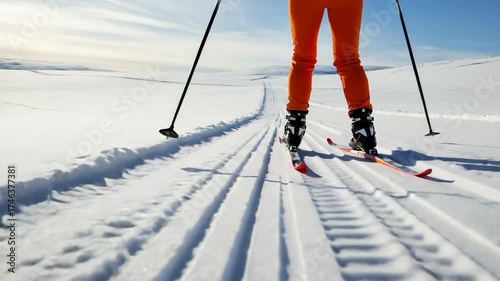 Cross country skier in orange pants on a groomed snowy trail