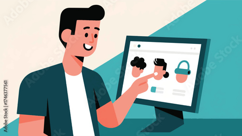 Illustration Of User Creating Their Digital Avatar, Selecting Hairstyles And Accessories With A Satisfied, Focused Expression Vector Design Template