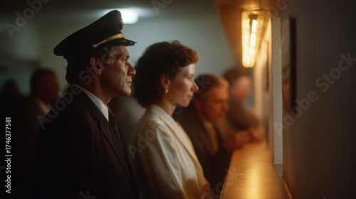 A solemn sailor and pensive Caucasian woman ponder destiny at a dimly lit train station, invoking Trans-Siberian reverie