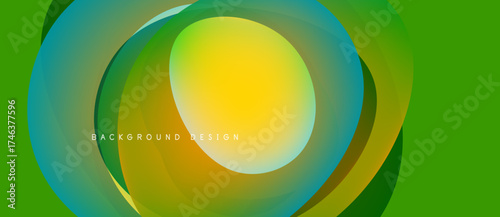 Abstract vibrant layers create flowing circular design. Bright yellow center transitions to green, blue hues. Modern background element.