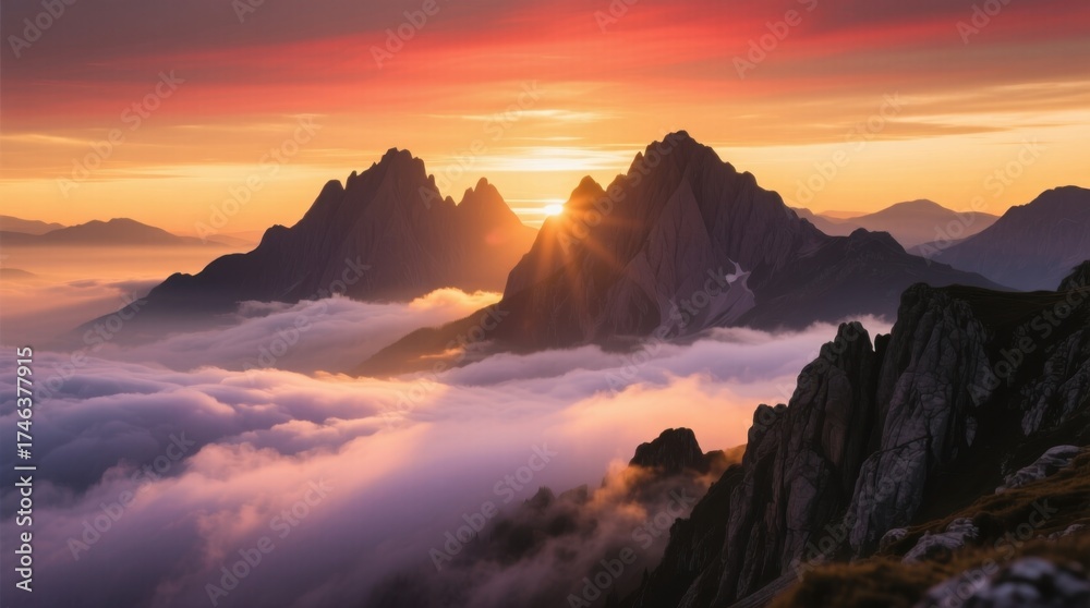 Obraz premium Sunrise over majestic mountain peaks, piercing through the clouds with golden light