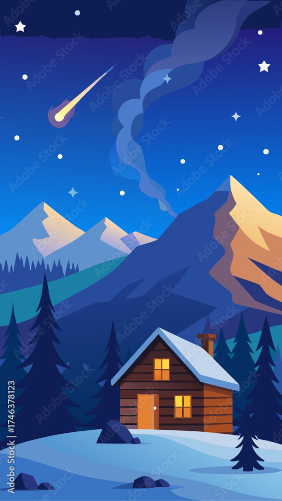 Fototapeta premium Cabin under starry night with mountains and comet