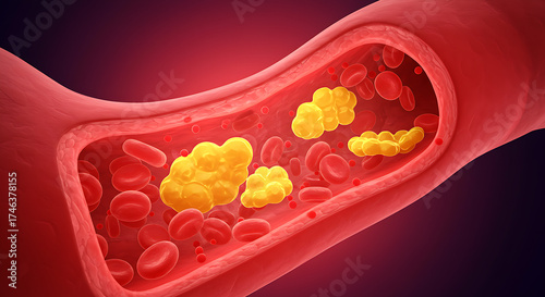 Cholesterol Buildup in Artery with Red Blood Cells – Atherosclerosis, Heart Disease Concept red blood cells flowing through vein, Medical illustration of atherosclerosis showing cholesterol , high res