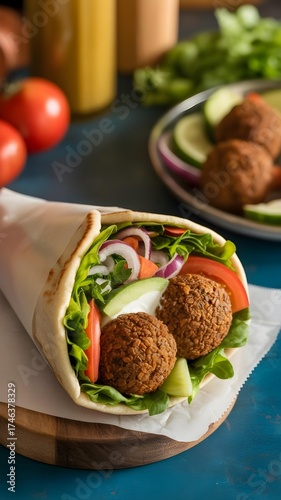 Delicious falafel wrap with fresh vegetables and sauce